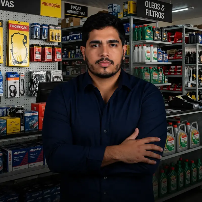 Dono de autopeças confiante na sua loja